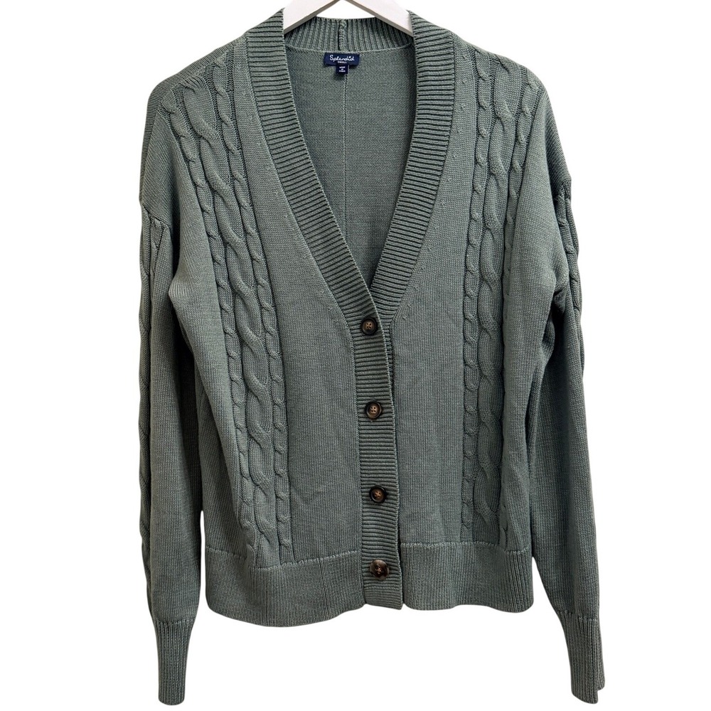 Splendid Cable Knit Button Cardigan Sweater Size Small Sage Green Cashmere Blend